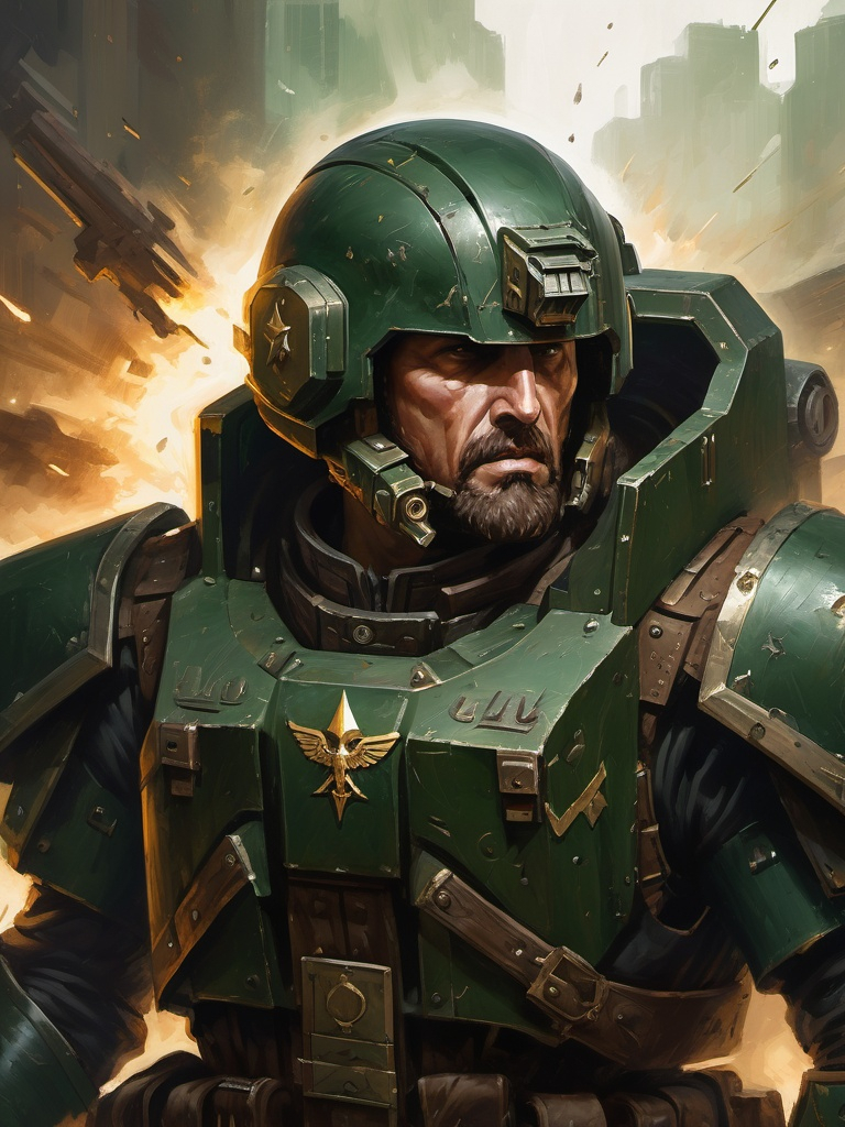 Prompt: Full-body oil painting of wizened human male Warhammer 40k ((Cadian shock trooper)) veteran leading a charge (pointing forward) and barking orders (simple m1 flak helmet), dark green wh40k Cadian blocky (flak body armor), 40k military duty fatigues, (((highly detailed facial features))), fierce angry expression, (captain rank insignia on shoulder), (imperial Aquila decoration on breastplate), dark gritty tones, dark atmospheric lighting, imperial guard firing line in background with dense laser beams, short thick brown crew cut, full styled brown beard, piercing brown eyes, subject wearing heavy 40k flak armor, professional illustration, wh40k imperium of mankind, astra militarum, imperial guard, planetary guard, painterly, painted, art, ((main subject holding wh40k bolt pistol in right hand and pointing forward with empty left hand)), 