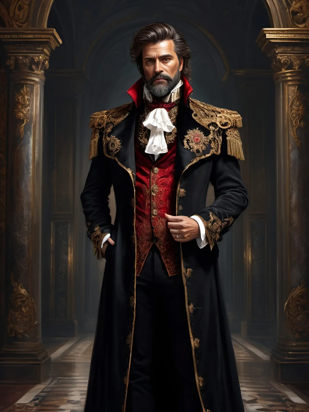 Prompt: (full-body) oil painting of male human Warhammer 40k noble in ornate well-appointed royal palace, dark moody atmospheric lighting, dark gothic fantasy architecture, , highly detailed background, dark gritty tones, highly detailed, professional illustration, painted, art, painterly, impressionist brushwork, thick brown styled hair, full brown styled beard, ((piercing brown eyes)), dark rich wood, ornate columns, intricate marble flooring, high detailed background, professional, warhammer 40k imperium of man, wh40k, imperial palace, imperium of man aquila decoration, ornate posh royal noble clothes, (ruffled white dress shirt), intricate embroidered black-and-gold cravat necktie, fancy ((black fur mantle) with animal head), ornate noble's black (great-cloak), fancy ornate jeweled rings, fancy gold coat-of-arms (brooch), intricately embroidered (red waistcoat), ornate fancy noble's (trench-coat), (Valeriy Vegera art style), ((highly detailed facial features)), royal epic stately standing pose, ornate fancy gold jeweled rings on fingers, 