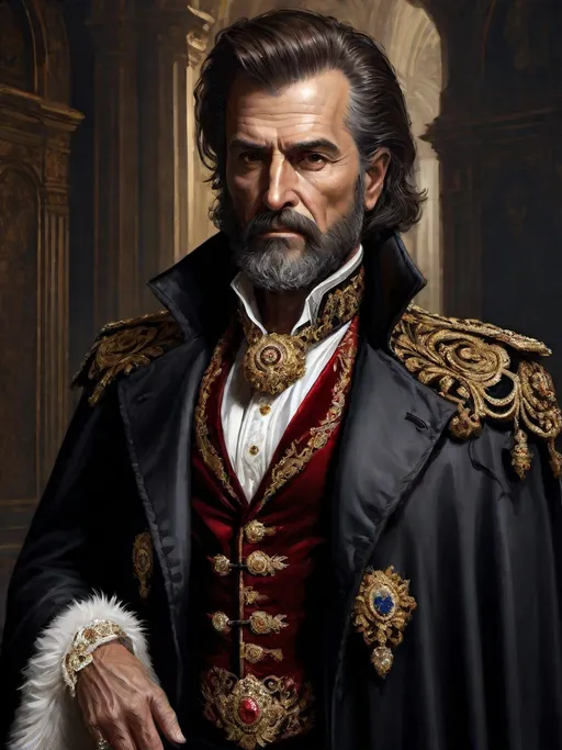 Prompt: (full-body) oil painting of male human Warhammer 40k noble in ornate well-appointed royal palace, dark moody atmospheric lighting, dark gothic fantasy architecture, , highly detailed background, dark gritty tones, highly detailed, professional illustration, painted, art, painterly, impressionist brushwork, thick brown styled hair, full brown styled beard, piercing brown eyes, dark rich wood, ornate columns, intricate marble flooring, high detailed background, professional, warhammer 40k imperium of man, wh40k, imperial palace, imperium of man aquila decoration, ornate posh royal noble clothes, (ruffled white dress shirt), intricate embroidered black-and-gold cravat necktie, fancy ((black fur mantle) with animal head), ornate noble's black (great-cloak), fancy ornate jeweled rings, fancy gold coat-of-arms (brooch), intricately embroidered (red waistcoat), ornate fancy noble's (trench-coat), (Valeriy Vegera art style), ((highly detailed facial features)), royal epic stately standing pose, ornate fancy gold jeweled rings on fingers, 