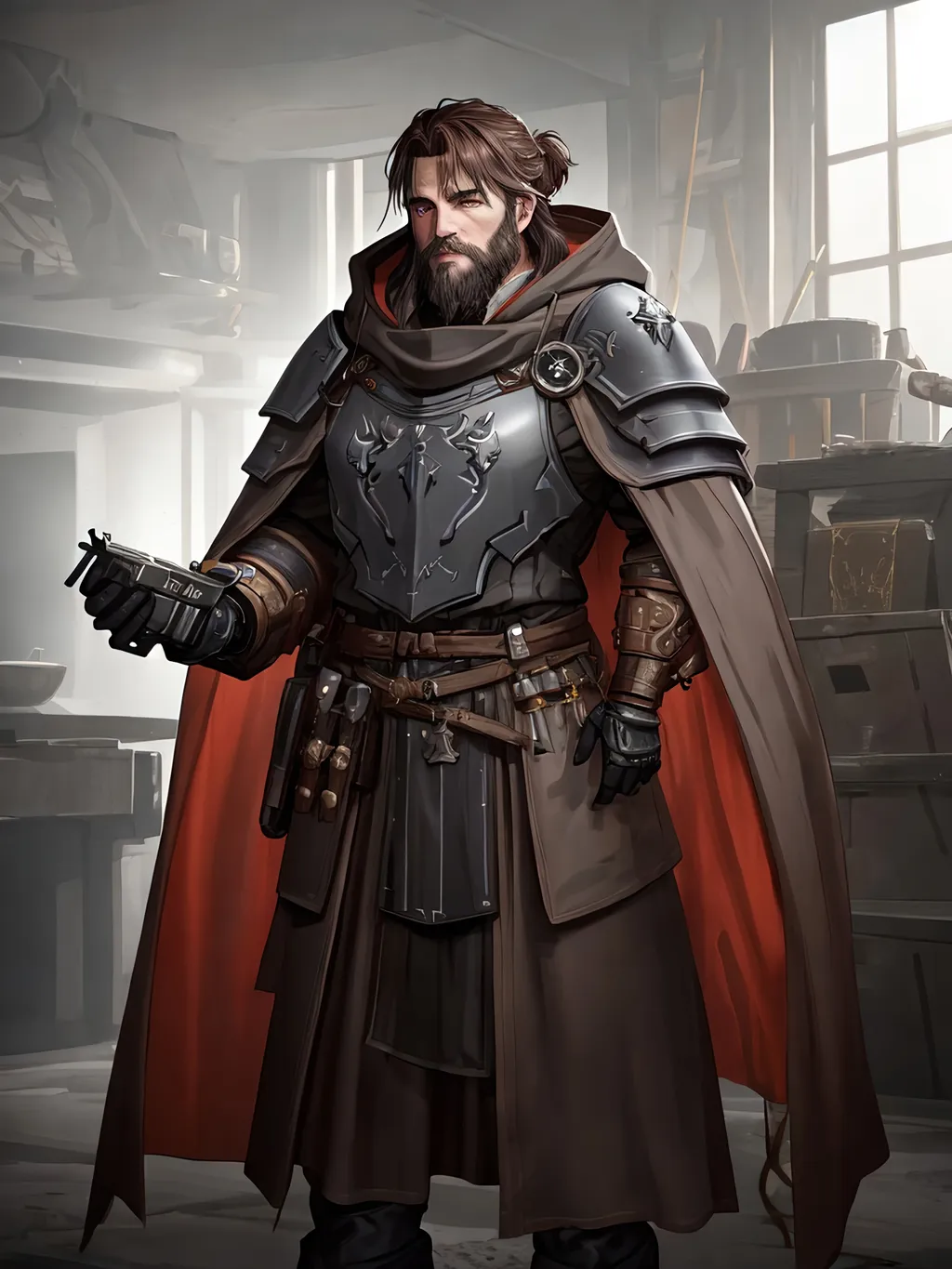 Prompt: electronic painting character portrait of high-fantasy (male dwarf artificer) wearing ((heavy weatherproof great-cloak)) over a ((magitek heavy breastplate)), wearing many utility pouches, wearing magitek goggles, wearing heavy gauntlets, standing in a highly-detailed magitek artificer's workshop, in a rich color palette and dark gritty tones, brown hair and beard,