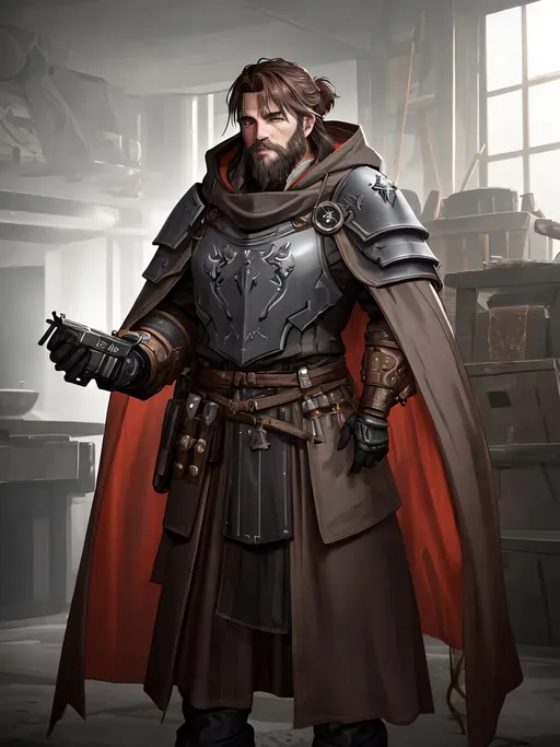 Prompt: electronic painting character portrait of high-fantasy (male dwarf artificer) wearing ((heavy weatherproof great-cloak)) over a ((magitek heavy breastplate)), wearing many utility pouches, wearing magitek goggles, wearing heavy gauntlets, standing in a highly-detailed magitek artificer's workshop, in a rich color palette and dark gritty tones, brown hair and beard,