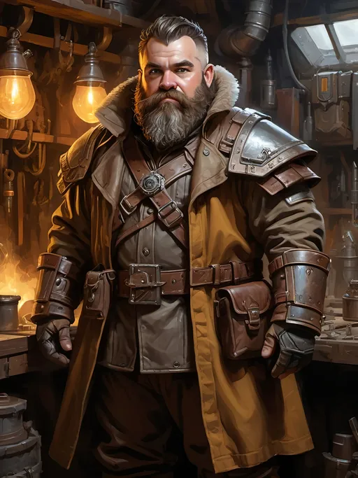 Prompt: electronic painting character portrait of high-fantasy (male dwarf artificer) wearing ((heavy weatherproof trench-coat)) over a ((heavy metal breastplate)), wearing many utility pouches, wearing magitek goggles, wearing heavy gauntlets, standing in a highly-detailed magitek artificer's workshop, in a rich color palette and dark gritty tones, brown hair and beard,