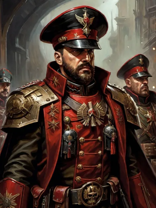 Prompt: (Full-body) oil painting portrait of human male ((Warhammer 40k commissar)) shouting and giving orders to a {40k imperial guard regiment} in background, short thick (brown hair), thick full (brown beard), (((Warhammer 40k))), wh40k, fierce expression, Stoic epic standing pose, (piercing brown eyes), professional illustration, painted, art, painterly, {40k imperial guard commissar}, ((heavy flak armor)) {chest piece} breastplate, ornate red and black trench-coat decorated with military medals, ornate military epaulets with ({gold tassels}), ornate (({40k commissar hat})), highly detailed eyes and facial features, (dark tones), highly detailed dark war zone background, impressionist brushwork, dark battlefield background, outside, exterior, astra militarum imperial guard, active war zone background, (wh40k imperial guard) regiment firing lasguns at enemy in background, grimdark, gothic fantasy, ornate officer's shoulder cape, highly detailed hands, worry lines, wizened, (40k {imperial guardsmen} {astra militarum} in background), 
