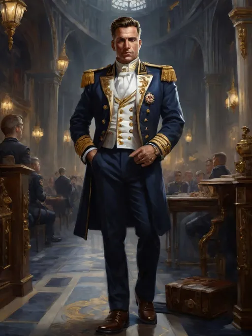 Prompt: (Full-body) hyper-realistic oil painting portrait of wizened male (Warhammer 40k Navy Officer) wearing dress uniform standing in (wh40k voidship interior), (white dress shirt), ((white waistcoat)), gold pocket-watch chain, ornate ((knee-length tunic navy dress uniform)), ((navy blue dress uniform greatcoat with gold-striped cuffs)), naval officer ornate (epaulets with gold tassels), leather red-brown dress shoes, (white pants), detailed high gothic architecture, dark gritty tones, dark atmospheric lighting, professional illustration, art, painted, painterly, (worry lines in forehead), brown thick crew cut, ((brown thick styled beard)), (wh40k), Warhammer, (wh40k voidship), interior, inside, fierce confident expression, highly detailed piercing ((brown eyes)), ((highly detailed facial features)), stoic standing pose, white gloves, (Valeriy Vegera art style), (highly detailed background), high detail, ornate detailed gold medallion on gold chain around neck, 