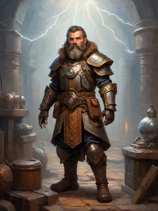 Prompt: electronic painting (full-body) character portrait of sci-fi high-fantasy ((male dwarf artificer)) wearing (dark armored weatherproof great-cloak) over (heavy magitek hi-tech high-fantasy armor) wearing magic-punk goggles and ((((magitek lightning-enchanted hi-tech sci-fi gauntlets)))) standing in a (dwarven artificer's workshop) with (brown hair and beard), (brown eyes) and rounded ears, using a rich color palette and dark gritty tones, professional illustration, painted, painterly, impressionist brushwork, highly detailed facial features, highly detailed background,