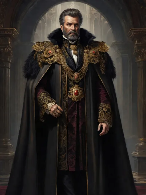 Prompt: (full-body) oil painting of male human Warhammer 40k noble in ornate well-appointed royal palace, dark moody atmospheric lighting, dark gothic fantasy architecture, , highly detailed background, dark gritty tones, highly detailed, professional illustration, painted, art, painterly, impressionist brushwork, thick brown styled hair, full brown styled beard, piercing brown eyes, dark rich wood, ornate columns, intricate marble flooring, high detailed background, professional, warhammer 40k imperium of man, wh40k, imperial palace, imperium of man aquila decoration, ornate posh royal noble clothes, (ruffled white dress shirt), intricate embroidered black-and-gold cravat necktie, fancy ((black fur mantle) with animal head), ornate noble's black (great-cloak), fancy ornate jeweled rings, fancy gold coat-of-arms (brooch), intricately embroidered (red waistcoat), ornate fancy noble's (trench-coat), (Valeriy Vegera art style), ((highly detailed facial features)), royal epic stately standing pose, ornate fancy gold jeweled rings on fingers, 