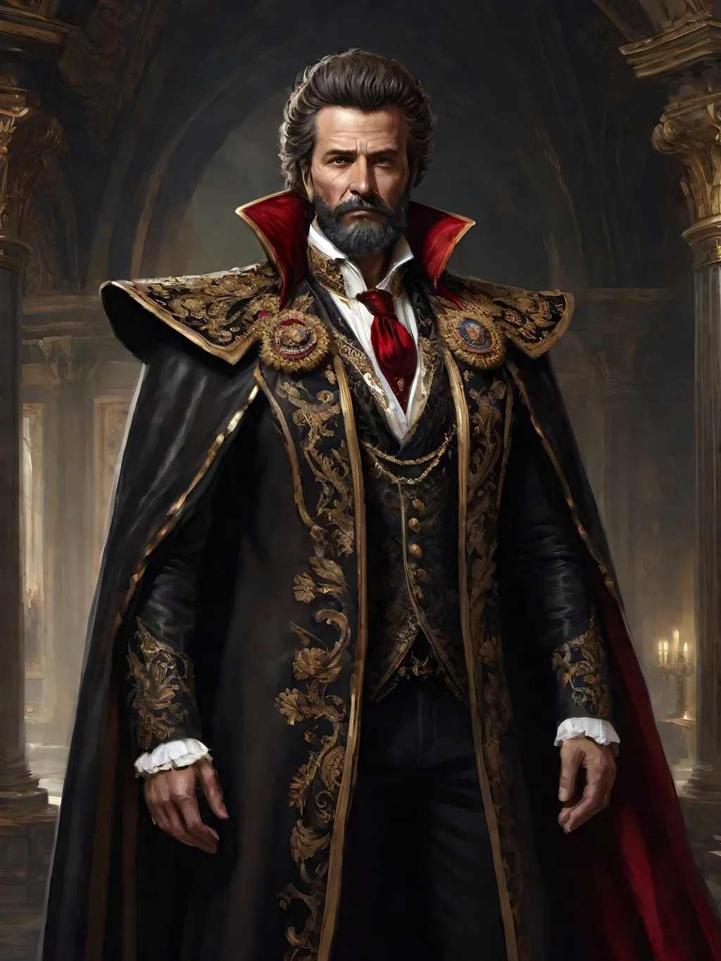 Prompt: (full-body) oil painting of male human Warhammer 40k noble in ornate well-appointed royal palace, dark moody atmospheric lighting, dark gothic fantasy architecture, , highly detailed background, dark gritty tones, highly detailed, professional illustration, painted, art, painterly, impressionist brushwork, thick brown styled hair, full brown styled beard, ((piercing brown eyes)), dark rich wood, ornate columns, intricate marble flooring, high detailed background, professional, warhammer 40k imperium of man, wh40k, imperial palace, imperium of man aquila decoration, ornate posh royal noble clothes, (ruffled white dress shirt), intricate embroidered black-and-gold cravat necktie, fancy ((black fur mantle) with animal head), ornate noble's black (great-cloak), fancy ornate jeweled rings, fancy gold coat-of-arms (brooch), intricately embroidered (red waistcoat), ornate fancy noble's (trench-coat), (Valeriy Vegera art style), ((highly detailed facial features)), royal epic stately standing pose, ornate fancy gold jeweled rings on fingers, 