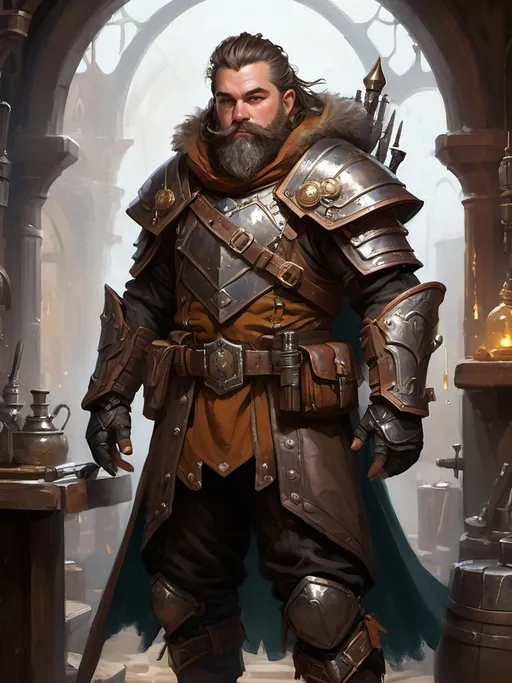 Prompt: electronic painting character portrait of high-fantasy ((male dwarf artificer)) wearing ((dark armored heavy weatherproof greatcloak great-cloak)) over a ((magic-punk carbon-steel armored breastplate)), wearing many utility pouches, wearing magic-punk goggles, wearing heavy gauntlets, standing in a highly-detailed magitek artificer's workshop, in a rich color palette and dark gritty tones, brown hair and beard, fantasy magic-punk magitech magitek aetherpunk, professional illustration, painted painterly art, impressionist brushwork, 