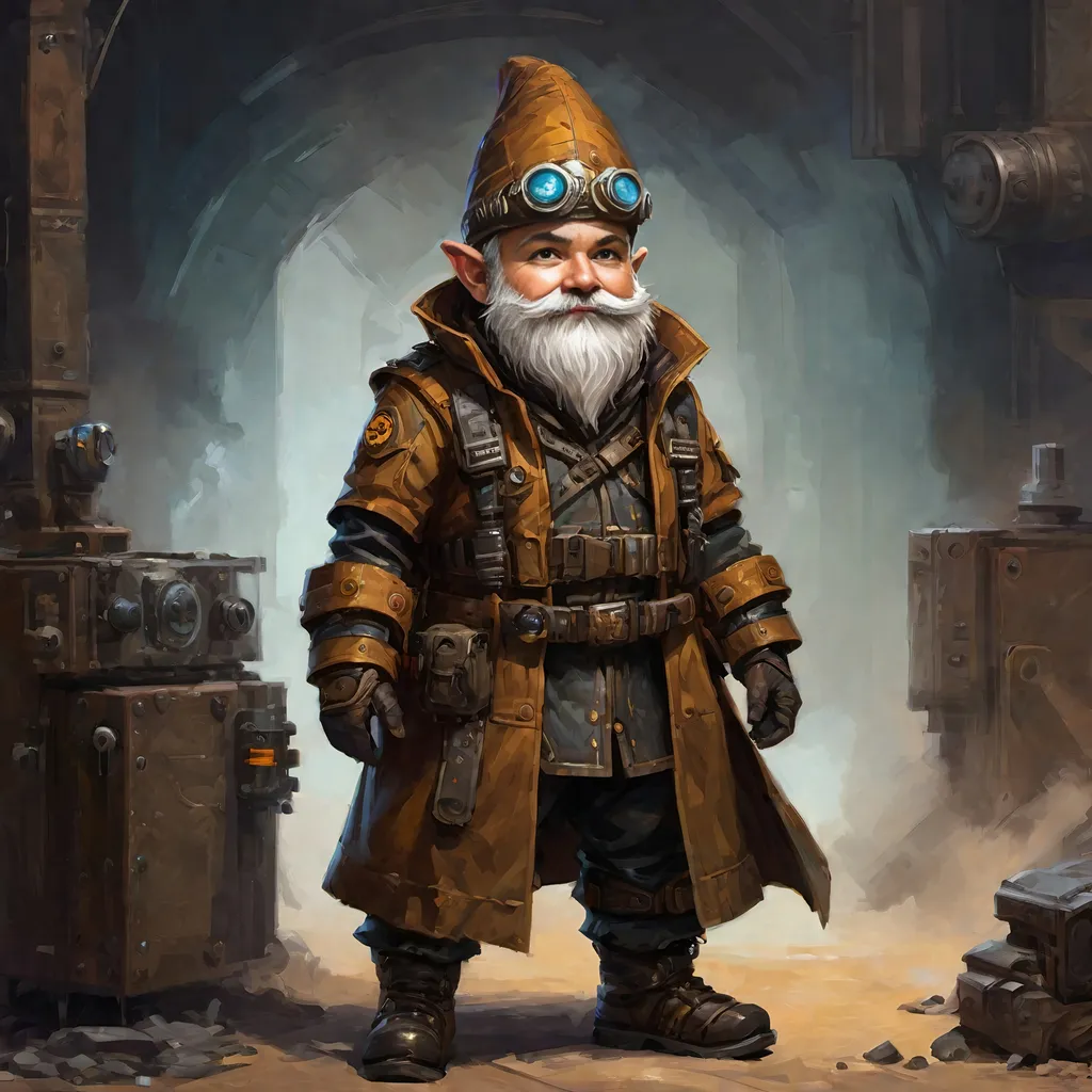 Prompt: electronic painting full-body character portrait of legendary (magitech magic-punk fantasy male gnome artificer) in full magitech magic-punk aetherpunk ((minimalist heavily-armored trench-coat)) over ((heavy magitech breastplate)), wearing (hi-tech magitech goggles), rich color palette and dark gritty tones, standing in magitech workshop background, high-fantasy gnome, wearing utility pouches and magitech gadgets, brown hair and brown beard, professional illustration, painted painterly art, 