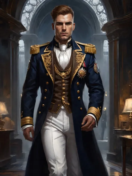 Prompt: (Full-body) hyper-realistic oil painting portrait of wizened male (Warhammer 40k Navy Officer) wearing dress uniform standing in (wh40k voidship interior), (white dress shirt), ((white waistcoat)), gold pocket-watch chain, ornate ((knee-length tunic navy dress uniform)), ((navy blue dress uniform greatcoat)), naval officer ornate (epaulets with gold tassels), leather red-brown dress shoes, (white pants), detailed high gothic architecture, dark gritty tones, dark atmospheric lighting, professional illustration, art, painted, painterly, (worry lines in forehead), brown thick crew cut, ((brown thick styled beard)), (wh40k), Warhammer, (wh40k voidship), interior, inside, fierce confident expression, highly detailed piercing ((brown eyes)), ((highly detailed facial features)), stoic standing pose, white gloves, (Valeriy Vegera art style), (highly detailed background), high detail, 