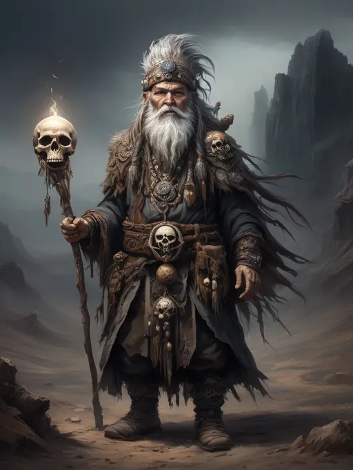 Prompt: (full-body) concept art of high fantasy wizened old male gnome deathspeaker shaman, oil painting, dark atmospheric lighting, high fantasy, highly detailed background, dark gritty tones, professional illustration, painted, art, painterly, thick gray and brown hair, thick gray and brown beard, crazed crazy possessed wild expression, shamanistic staff with skulls tied to it, shaman robes, soft shadows, soft highlights, very short subject, standing in highly detailed desolate wasteland background, windswept charred misty foggy rocky craggy dead wasteland background, skull and bone tribal fetishes, alchemical component pouches attached to belt, shamanistic tribal headdress, 