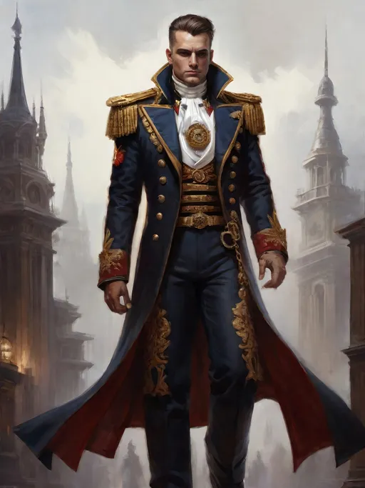 Prompt: (Full-body) oil painting portrait of (wizened) male Warhammer 40k Navy Officer wearing dress uniform standing in voidship interior, Warhammer 40k imperial navy officer dress uniform, (white dress shirt), ornate white waistcoat, gold pocket-watch chain, ornate (navy uniform tunic), ornate (navy greatcoat), ornate naval officer's (epaulets with gold tassels), ((dark red-brown leather dress shoes)), (white pants), high gothic architecture, dark gritty tones, dark atmospheric lighting, professional illustration, art, painted, painterly, worry lines in forehead, brown thick crew cut, brown thick styled beard, (wh40k), Warhammer, (wh40k voidship), interior, inside, fierce confident expression, highly detailed piercing ((brown eyes)), ((highly detailed facial features)), stoic standing pose, white gloves, Valeriy Vegera art style, (highly detailed background), high detail, 