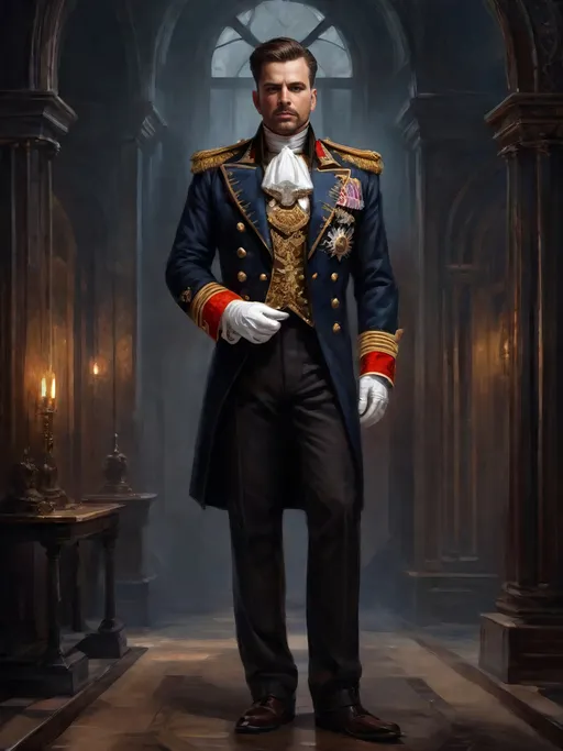 Prompt: (Full-body) hyper-realistic oil painting portrait of wizened male (Warhammer 40k Navy Officer) wearing (dress uniform) standing in (voidship interior), Warhammer 40k imperial navy officer dress uniform, (white dress shirt), ornate (white waistcoat), gold pocket-watch chain, ornate (navy uniform tunic), ornate ((navy greatcoat)), ornate naval officer's (epaulets with gold tassels), ((dark red-brown leather dress shoes)), (white pants), high gothic architecture, dark gritty tones, dark atmospheric lighting, professional illustration, art, painted, painterly, (worry lines in forehead), brown thick crew cut, ((brown thick styled beard)), (wh40k), Warhammer, (wh40k voidship), interior, inside, fierce confident expression, highly detailed piercing ((brown eyes)), ((highly detailed facial features)), stoic standing pose, white gloves, (Valeriy Vegera art style), (highly detailed background), high detail, 