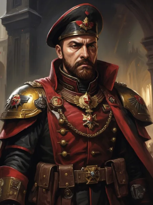 Prompt: (Full-body) oil painting portrait of human male ((Warhammer 40k commissar)) shouting and giving orders to a {40k imperial guard regiment} in background, short thick (brown hair), thick full (brown beard), (((Warhammer 40k))), wh40k, fierce expression, Stoic epic standing pose, (piercing brown eyes), professional illustration, painted, art, painterly, {40k imperial guard commissar}, ((heavy flak armor)) {chest piece} breastplate, ornate red and black trench-coat decorated with military medals, ornate military epaulets with ({gold tassels}), ornate (({40k commissar hat})), highly detailed eyes, (highly detailed facial features), (dark tones), highly detailed dark war zone background, impressionist brushwork, dark battlefield background, outside, exterior, astra militarum imperial guard, active war zone background, (wh40k imperial guard) regiment in background, grimdark, gothic fantasy, ornate officer's shoulder cape, highly detailed hands, worry lines, wizened, (40k {imperial guardsmen} {astra militarum} in background), subject holding pistol, 
