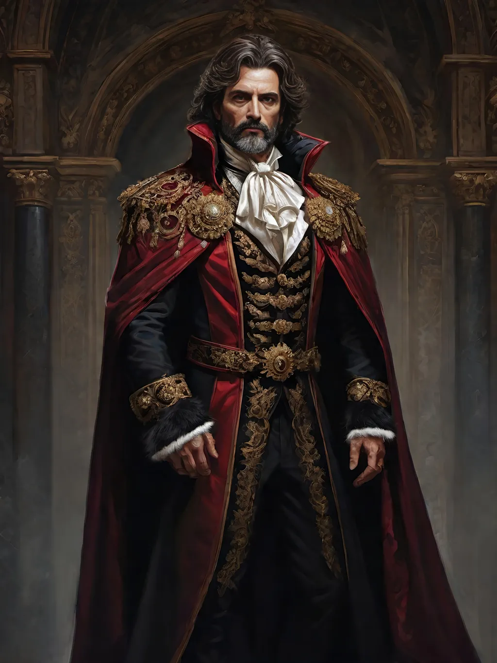 Prompt: (full-body) oil painting of male human Warhammer 40k noble in ornate well-appointed royal palace, dark moody atmospheric lighting, dark gothic fantasy architecture, , highly detailed background, dark gritty tones, highly detailed, professional illustration, painted, art, painterly, impressionist brushwork, thick brown styled hair, full brown styled beard, ((piercing brown eyes)), dark rich wood, ornate columns, intricate marble flooring, high detailed background, professional, warhammer 40k imperium of man, wh40k, imperial palace, imperium of man aquila decoration, ornate posh royal noble clothes, (ruffled white dress shirt), intricate embroidered black-and-gold cravat necktie, fancy ((black fur mantle) with animal head), ornate noble's black (great-cloak), fancy ornate jeweled rings, fancy gold coat-of-arms (brooch), intricately embroidered (red waistcoat), ornate fancy noble's (trench-coat), (Valeriy Vegera art style), ((highly detailed facial features)), royal epic stately standing pose, ornate fancy gold jeweled rings on fingers, 