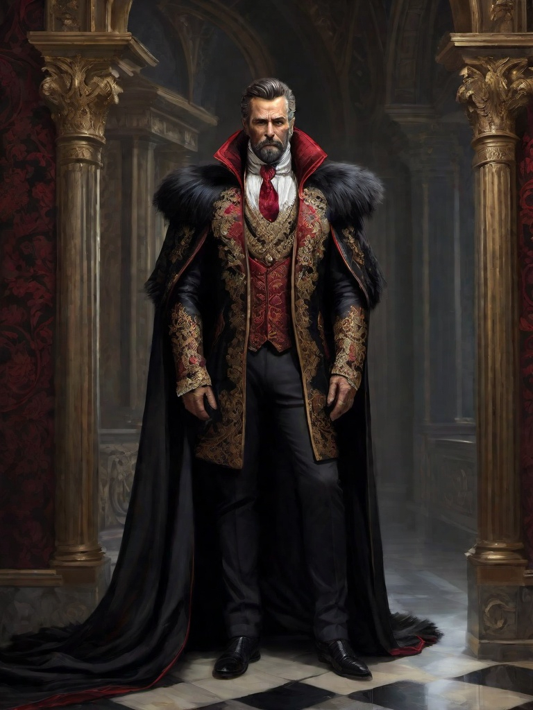 Prompt: (full-body) oil painting of male human Warhammer 40k noble in ornate well-appointed royal palace, dark moody atmospheric lighting, dark gothic fantasy architecture, , highly detailed background, dark gritty tones, highly detailed, professional illustration, painted, art, painterly, impressionist brushwork, thick brown styled hair, full brown styled beard, piercing brown eyes, dark rich wood, ornate columns, intricate marble flooring, high detailed background, professional, warhammer 40k imperium of man, wh40k, imperial palace, imperium of man aquila decoration, ornate posh royal noble clothes, (ruffled white dress shirt), intricate embroidered black-and-gold cravat necktie, fancy ((black fur mantle) with animal head), ornate noble's black (great-cloak), ornate black leather (gloves), fancy gold coat-of-arms (brooch), intricately embroidered (red waistcoat), ornate fancy noble's (trench-coat), (Valeriy Vegera art style), ((highly detailed facial features)), royal epic stately standing pose, 