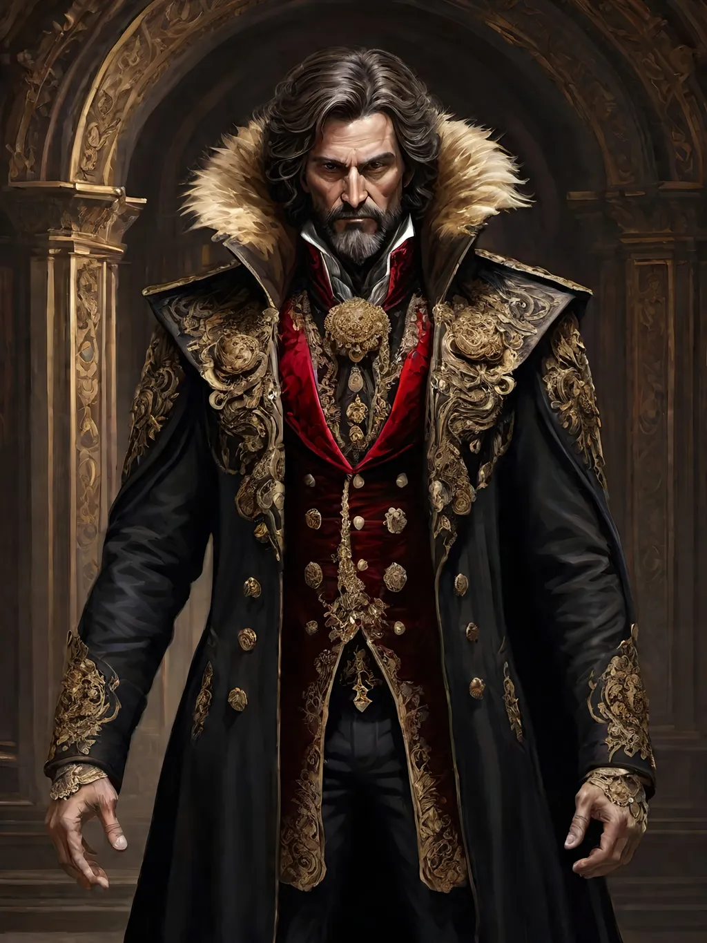 Prompt: (full-body) oil painting of male human Warhammer 40k noble in ornate well-appointed royal palace, dark moody atmospheric lighting, dark gothic fantasy architecture, , highly detailed background, dark gritty tones, highly detailed, professional illustration, painted, art, painterly, impressionist brushwork, thick brown styled hair, full brown styled beard, ((piercing brown eyes)), dark rich wood, ornate columns, intricate marble flooring, high detailed background, professional, warhammer 40k imperium of man, wh40k, imperial palace, imperium of man aquila decoration, ornate posh royal noble clothes, (ruffled white dress shirt), intricate embroidered black-and-gold cravat necktie, fancy ((black fur mantle) with animal head), ornate noble's black (great-cloak), fancy ornate jeweled rings, fancy gold coat-of-arms (brooch), intricately embroidered (red waistcoat), ornate fancy noble's (trench-coat), (Valeriy Vegera art style), ((highly detailed facial features)), royal epic stately standing pose, ornate fancy gold jeweled rings on fingers, 