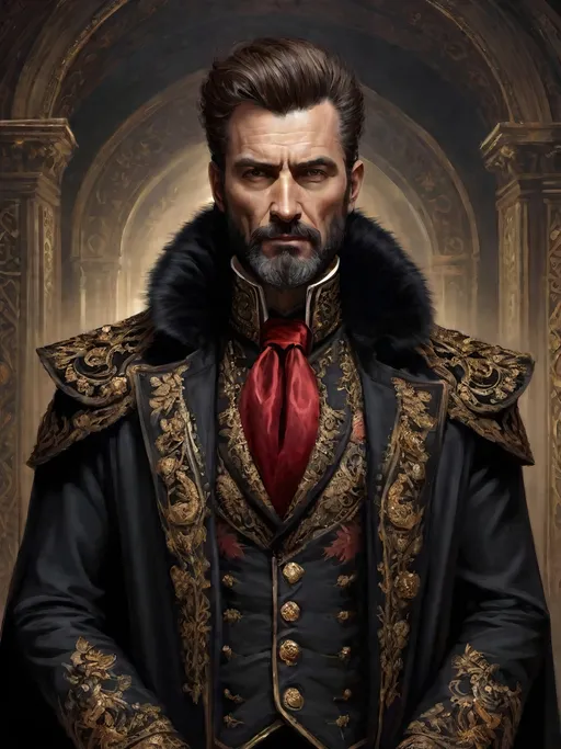 Prompt: (full-body) oil painting of male human Warhammer 40k noble in ornate well-appointed royal palace, dark moody atmospheric lighting, dark gothic fantasy architecture, , highly detailed background, dark gritty tones, highly detailed, professional illustration, painted, art, painterly, impressionist brushwork, thick brown styled hair, full brown styled beard, ((piercing brown eyes)), dark rich wood, ornate columns, intricate marble flooring, high detailed background, professional, warhammer 40k imperium of man, wh40k, imperial palace, imperium of man aquila decoration, ornate posh royal noble clothes, (ruffled white dress shirt), intricate embroidered black-and-gold cravat necktie, fancy ((black fur mantle) with animal head), ornate noble's black (great-cloak), fancy ornate jeweled rings, fancy gold coat-of-arms (brooch), intricately embroidered (red waistcoat), ornate fancy noble's (trench-coat), (Valeriy Vegera art style), ((highly detailed facial features)), royal epic stately standing pose, ornate fancy gold jeweled rings on fingers, 