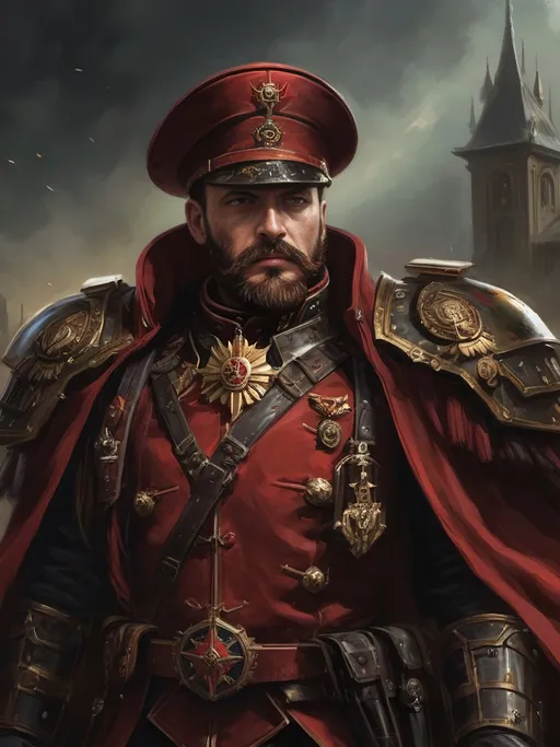 Prompt: (Full-body) oil painting portrait of human male ((Warhammer 40k commissar)) shouting and giving orders to a {40k imperial guard regiment} in background, short thick (brown hair), thick full (brown beard), (((Warhammer 40k))), wh40k, fierce expression, Stoic epic standing pose, (piercing brown eyes), professional illustration, painted, art, painterly, {40k imperial guard commissar}, ((heavy flak armor)) {chest piece} breastplate, ornate red and black trench-coat decorated with military medals, ornate military epaulets with ({gold tassels}), ornate (({40k commissar hat})), highly detailed eyes, (highly detailed facial features), (dark tones), highly detailed dark war zone background, impressionist brushwork, dark battlefield background, outside, exterior, astra militarum imperial guard, active war zone background, (wh40k imperial guard) regiment in background, grimdark, gothic fantasy, ornate officer's shoulder cape, highly detailed hands, worry lines, wizened, (40k {imperial guardsmen} {astra militarum} in background), subject holding pistol, 
