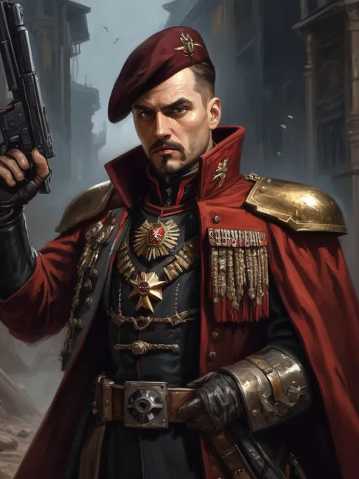 Prompt: (Full-body) oil painting portrait of human male ((Warhammer 40k commissar)) shouting and giving orders to a {40k imperial guard regiment} in background, short thick (brown hair), thick full (brown beard), (((Warhammer 40k))), wh40k, fierce expression, Stoic epic standing pose, (piercing brown eyes), professional illustration, painted, art, painterly, {40k imperial guard commissar}, ((heavy flak armor)) {chest piece} breastplate, ornate red and black trench-coat decorated with military medals, ornate military epaulets with ({gold tassels}), ornate (({40k commissar hat})), highly detailed eyes, (highly detailed facial features), (dark tones), highly detailed dark war zone background, impressionist brushwork, dark battlefield background, outside, exterior, astra militarum imperial guard, active war zone background, (wh40k imperial guard) regiment in background, grimdark, gothic fantasy, ornate officer's shoulder cape, highly detailed hands, worry lines, wizened, (40k {imperial guardsmen} {astra militarum} in background), subject holding pistol, 
