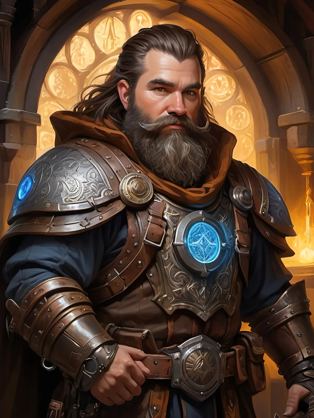 Prompt: electronic painting character portrait of high-fantasy ((male dwarf artificer)) wearing ((dark armored heavy weatherproof greatcloak great-cloak)) over a ((glowing enchanted dwarven runes)) ((metal breastplate)), wearing many utility pouches, wearing magic-punk goggles, (((wearing thunder-magic-infused hi-tech magitek heavy gauntlets))), standing in a highly-detailed magitek ((artificer's workshop)), in a rich color palette and dark gritty tones, brown hair and beard, fantasy magic-punk magitech magitek aetherpunk, professional illustration, painted painterly art, impressionist brushwork, ((dark metal alloyed carbon-steel armor)), enchanted dwarven-rune-engraved magical gear and gizmos, highly-detailed background, 