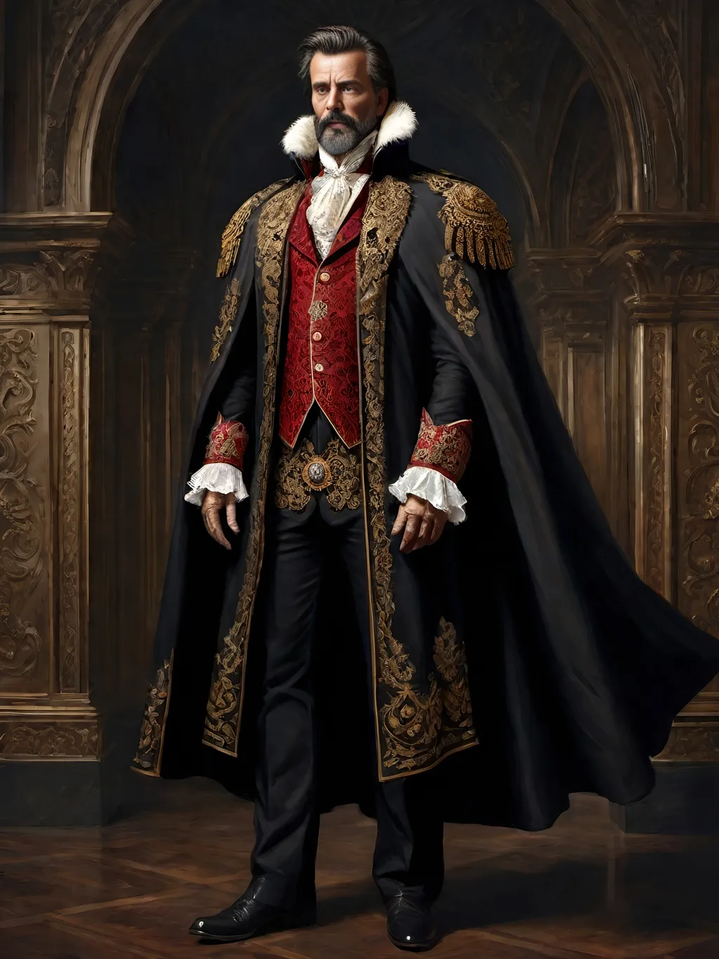 Prompt: (full-body) oil painting of male human Warhammer 40k noble in ornate well-appointed royal palace, dark moody atmospheric lighting, dark gothic fantasy architecture, , highly detailed background, dark gritty tones, highly detailed, professional illustration, painted, art, painterly, impressionist brushwork, thick brown styled hair, full brown styled beard, ((piercing brown eyes)), dark rich wood, ornate columns, intricate marble flooring, high detailed background, professional, warhammer 40k imperium of man, wh40k, imperial palace, imperium of man aquila decoration, ornate posh royal noble clothes, (ruffled white dress shirt), intricate embroidered black-and-gold cravat necktie, fancy ((black fur mantle) with animal head), ornate noble's black (great-cloak), fancy ornate jeweled rings, fancy gold coat-of-arms (brooch), intricately embroidered (red waistcoat), ornate fancy noble's (trench-coat), (Valeriy Vegera art style), ((highly detailed facial features)), royal epic stately standing pose, ornate fancy gold jeweled rings on fingers, 