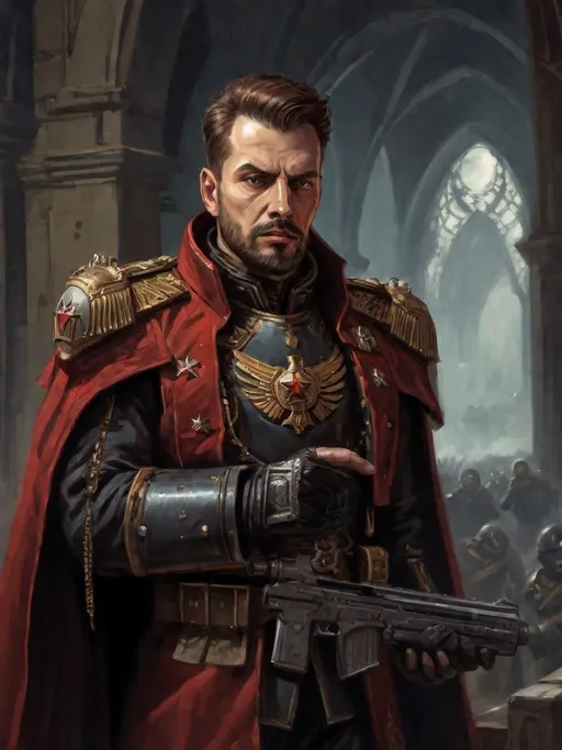 Prompt: (Full-body) oil painting portrait of human male ((Warhammer 40k commissar)) shouting and giving orders to a {40k imperial guard regiment} in background, short thick (brown hair), thick full (brown beard), (((Warhammer 40k))), wh40k, fierce expression, Stoic epic standing pose, (piercing brown eyes), professional illustration, painted, art, painterly, {40k imperial guard commissar}, ((heavy flak armor)) {chest piece} breastplate, ornate red and black trench-coat decorated with military medals, ornate military epaulets with ({gold tassels}), ornate (({40k commissar hat})), highly detailed eyes, (highly detailed facial features), (dark tones), highly detailed dark war zone background, impressionist brushwork, dark battlefield background, outside, exterior, astra militarum imperial guard, active war zone background, (wh40k imperial guard) regiment in background, grimdark, gothic fantasy, ornate officer's shoulder cape, highly detailed hands, worry lines, wizened, (40k {imperial guardsmen} {astra militarum} in background), subject holding pistol, 
