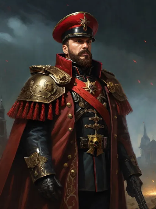 Prompt: (Full-body) oil painting portrait of human male ((Warhammer 40k commissar)) shouting and giving orders to a {40k imperial guard regiment} in background, short thick (brown hair), thick full (brown beard), (((Warhammer 40k))), wh40k, fierce expression, Stoic epic standing pose, (piercing brown eyes), professional illustration, painted, art, painterly, {40k imperial guard commissar}, ((heavy flak armor)) {chest piece} breastplate, ornate red and black trench-coat decorated with military medals, ornate military epaulets with ({gold tassels}), ornate (({40k commissar hat})), highly detailed eyes, (highly detailed facial features), (dark tones), highly detailed dark war zone background, impressionist brushwork, dark battlefield background, outside, exterior, astra militarum imperial guard, active war zone background, (wh40k imperial guard) regiment in background, grimdark, gothic fantasy, ornate officer's shoulder cape, highly detailed hands, worry lines, wizened, (40k {imperial guardsmen} {astra militarum} in background), 
