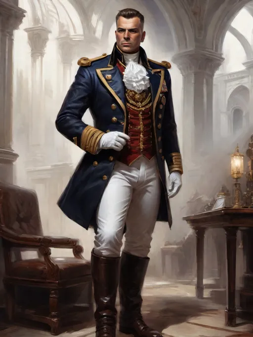 Prompt: (Full-body) hyper-realistic oil painting portrait of wizened male (Warhammer 40k Navy Officer) wearing (dress uniform) standing in (voidship interior), Warhammer 40k imperial navy officer dress uniform, (white dress shirt), ornate white waistcoat, gold pocket-watch chain, ornate (navy uniform tunic), ornate (navy greatcoat), ornate naval officer's (epaulets with gold tassels), ((dark red-brown leather dress shoes)), (white pants), high gothic architecture, dark gritty tones, dark atmospheric lighting, professional illustration, art, painted, painterly, worry lines in forehead, brown thick crew cut, brown thick styled beard, (wh40k), Warhammer, (wh40k voidship), interior, inside, fierce confident expression, highly detailed piercing ((brown eyes)), ((highly detailed facial features)), stoic standing pose, white gloves, (Valeriy Vegera art style), (highly detailed background), high detail, 