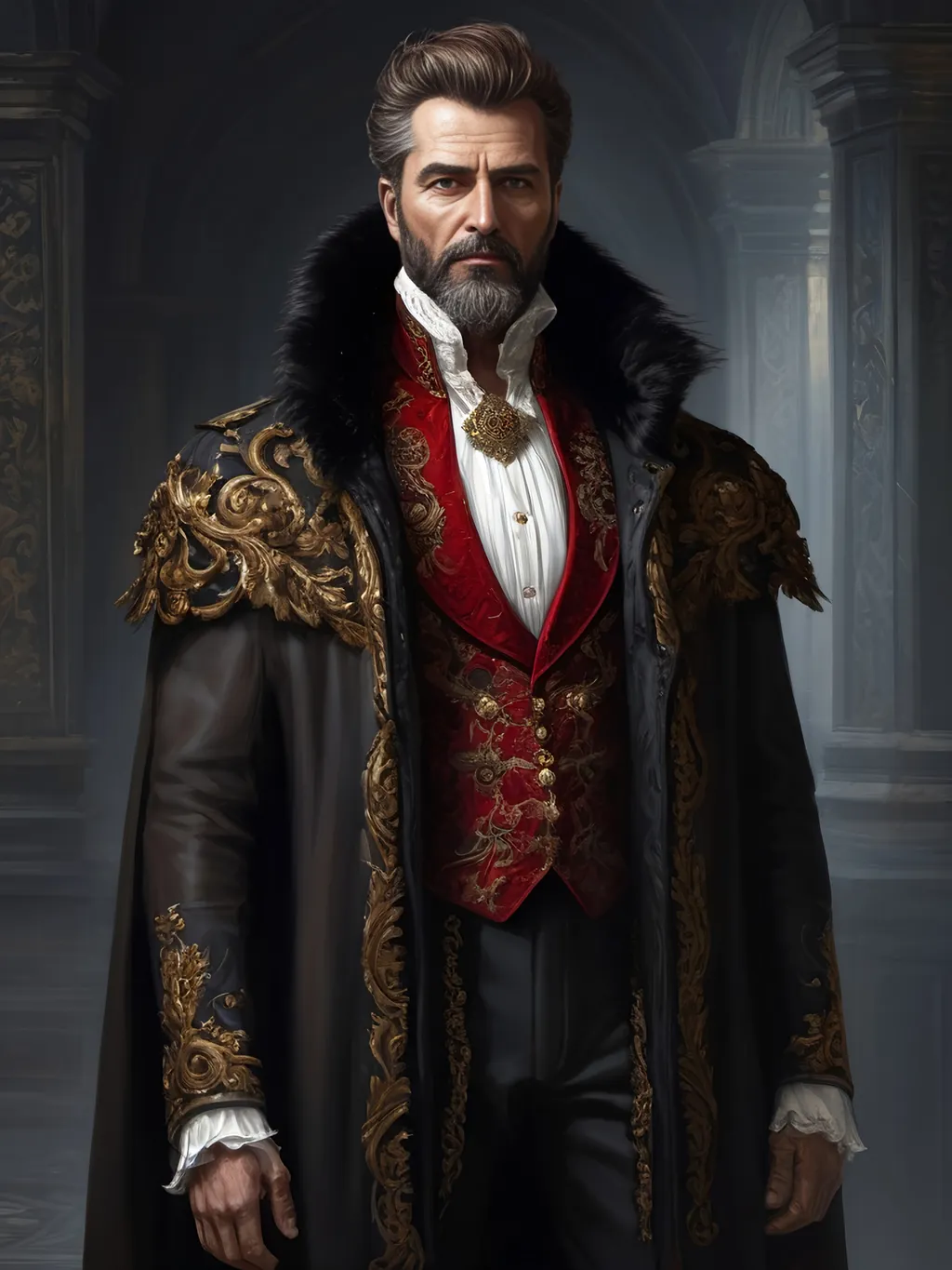 Prompt: (full-body) oil painting of male human Warhammer 40k noble in ornate well-appointed royal palace, dark moody atmospheric lighting, dark gothic fantasy architecture, , highly detailed background, dark gritty tones, highly detailed, professional illustration, painted, art, painterly, impressionist brushwork, thick brown styled hair, full brown styled beard, piercing brown eyes, dark rich wood, ornate columns, intricate marble flooring, high detailed background, professional, warhammer 40k imperium of man, wh40k, imperial palace, imperium of man aquila decoration, ornate posh royal noble clothes, (ruffled white dress shirt), intricate embroidered black-and-gold cravat necktie, fancy ((black fur mantle) with animal head), ornate noble's black (great-cloak), ornate black leather (gloves), fancy gold coat-of-arms (brooch), intricately embroidered (red waistcoat), ornate fancy noble's (trench-coat), (Valeriy Vegera art style), ((highly detailed facial features)), royal epic stately standing pose, 