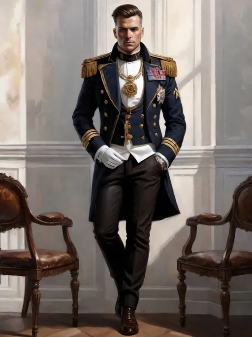 Prompt: (Full-body) hyper-realistic oil painting portrait of wizened male (Warhammer 40k Navy Officer) wearing (dress uniform) standing in (voidship interior), Warhammer 40k imperial navy officer dress uniform, (white dress shirt), ornate white waistcoat, gold pocket-watch chain, ornate (navy uniform tunic), ornate (navy greatcoat), ornate naval officer's (epaulets with gold tassels), ((dark red-brown leather dress shoes)), (white pants), high gothic architecture, dark gritty tones, dark atmospheric lighting, professional illustration, art, painted, painterly, worry lines in forehead, brown thick crew cut, brown thick styled beard, (wh40k), Warhammer, (wh40k voidship), interior, inside, fierce confident expression, highly detailed piercing ((brown eyes)), ((highly detailed facial features)), stoic standing pose, white gloves, (Valeriy Vegera art style), (highly detailed background), high detail, 