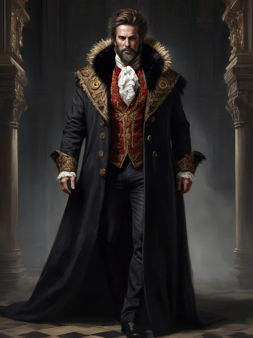 Prompt: (full-body) oil painting of male human Warhammer 40k noble in ornate well-appointed royal palace, dark moody atmospheric lighting, dark gothic fantasy architecture, , highly detailed background, dark gritty tones, highly detailed, professional illustration, painted, art, painterly, impressionist brushwork, thick brown styled hair, full brown styled beard, ((piercing brown eyes)), dark rich wood, ornate columns, intricate marble flooring, high detailed background, professional, warhammer 40k imperium of man, wh40k, imperial palace, imperium of man aquila decoration, ornate posh royal noble clothes, (ruffled white dress shirt), intricate embroidered black-and-gold cravat necktie, fancy ((black fur mantle) with animal head), ornate noble's black (great-cloak), fancy ornate jeweled rings, fancy gold coat-of-arms (brooch), intricately embroidered (red waistcoat), ornate fancy noble's (trench-coat), (Valeriy Vegera art style), ((highly detailed facial features)), royal epic stately standing pose, ornate fancy gold jeweled rings on fingers, 