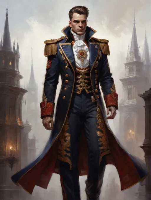 Prompt: (Full-body) oil painting portrait of (wizened) male Warhammer 40k Navy Officer wearing dress uniform standing in voidship interior, Warhammer 40k imperial navy officer dress uniform, (white dress shirt), ornate white waistcoat, gold pocket-watch chain, ornate (navy uniform tunic), ornate (navy greatcoat), ornate naval officer's (epaulets with gold tassels), ((dark red-brown leather dress shoes)), (white pants), high gothic architecture, dark gritty tones, dark atmospheric lighting, professional illustration, art, painted, painterly, worry lines in forehead, brown thick crew cut, brown thick styled beard, (wh40k), Warhammer, (wh40k voidship), interior, inside, fierce confident expression, highly detailed piercing ((brown eyes)), ((highly detailed facial features)), stoic standing pose, white gloves, Valeriy Vegera art style, (highly detailed background), high detail, 