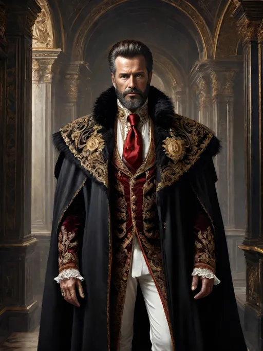 Prompt: (full-body) oil painting of male human Warhammer 40k noble in ornate well-appointed royal palace, dark moody atmospheric lighting, dark gothic fantasy architecture, , highly detailed background, dark gritty tones, highly detailed, professional illustration, painted, art, painterly, impressionist brushwork, thick brown styled hair, full brown styled beard, ((piercing brown eyes)), dark rich wood, ornate columns, intricate marble flooring, high detailed background, professional, warhammer 40k imperium of man, wh40k, imperial palace, imperium of man aquila decoration, ornate posh royal noble clothes, (ruffled white dress shirt), intricate embroidered black-and-gold cravat necktie, fancy ((black fur mantle) with animal head), ornate noble's black (great-cloak), fancy ornate jeweled rings, fancy gold coat-of-arms (brooch), intricately embroidered (red waistcoat), ornate fancy noble's (trench-coat), (Valeriy Vegera art style), ((highly detailed facial features)), royal epic stately standing pose, ornate fancy gold jeweled rings on fingers, 