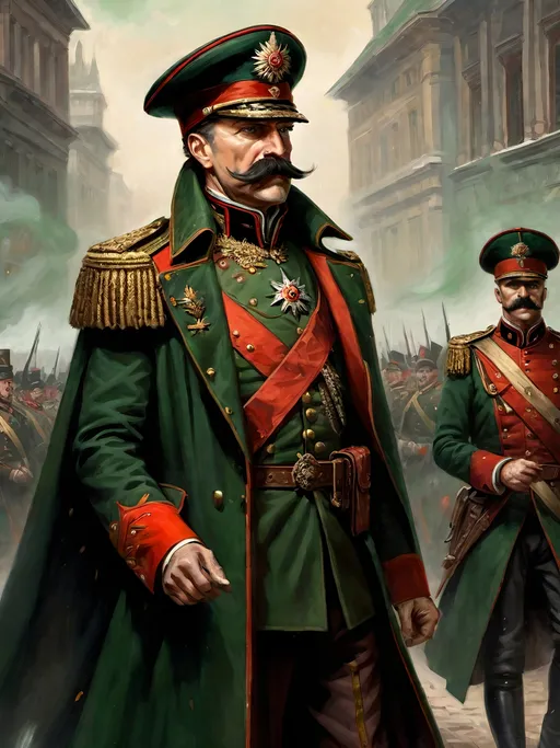 Prompt: Full-body oil painting of wizened human male Warhammer 40k ((Imperial Guard)) commander leading a charge (pointing forward) and yelling orders, wearing (commander's duty uniform hat) (decorated with Imperial Aquila), wearing steel breastplate in conquistador style, wearing dark green overcoat greatcoat duty uniform decorated with commander rank insignia and medals, (Valeriy Vegera art style), (((highly detailed facial features))), fierce angry expression, (commander rank ornate military epaulets), (imperial Aquila decoration on breastplate), dark gritty tones, dark atmospheric lighting, imperial guard firing line in background with dense laser beams, short thick brown crew cut, full styled brown beard, piercing brown eyes, subject wearing heavy 40k flak armor, professional illustration, wh40k imperium of mankind, ((wh40k Astra Militarum)), ((imperial guard)), planetary guard, painterly, painted, art, impressionist brushwork, styled handlebar mustache, 