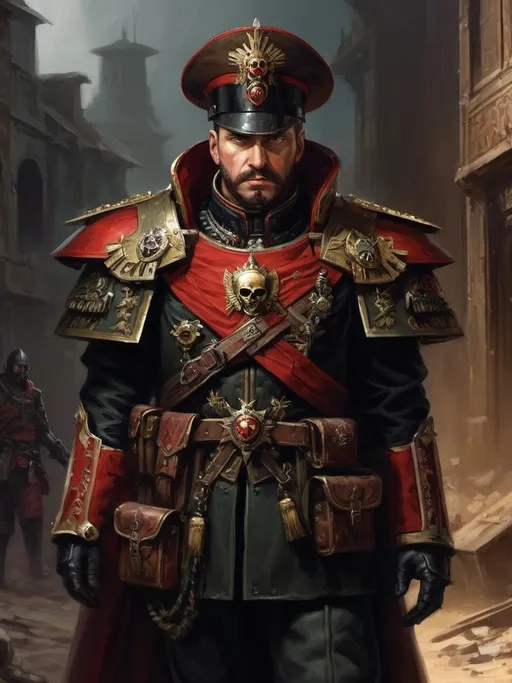 Prompt: (Full-body) oil painting portrait of human male ((Warhammer 40k commissar)) shouting and giving orders to a {40k imperial guard regiment} in background, short thick (brown hair), thick full (brown beard), (((Warhammer 40k))), wh40k, fierce expression, Stoic epic standing pose, (piercing brown eyes), professional illustration, painted, art, painterly, {40k imperial guard commissar}, ((heavy flak armor)) {chest piece} breastplate, ornate red and black trench-coat decorated with military medals, ornate military epaulets with ({gold tassels}), ornate (({40k commissar hat})), highly detailed eyes, (highly detailed facial features), (dark tones), highly detailed dark war zone background, impressionist brushwork, dark battlefield background, outside, exterior, astra militarum imperial guard, active war zone background, (wh40k imperial guard) regiment in background, grimdark, gothic fantasy, ornate officer's shoulder cape, highly detailed hands, worry lines, wizened, (40k {imperial guardsmen} {astra militarum} in background), subject holding pistol, 
