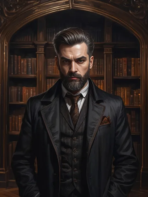 Prompt: (full-body) oil painting portrait of mafioso in minimalist black trench-coat standing in ornate library study, dark gritty tones, dark moody atmospheric lighting, calculating evil expression, brown short styled hair, brown full styled beard, brown eyes, white dress shirt, ornate bowtie, ornate waistcoat, fancy tailored pinstripe suit, painted, painterly, art, professional illustration, Valeriy Vegera art style, highly detailed facial features, wizened forehead worry lines, grim high gothic fantasy, highly detailed background, 