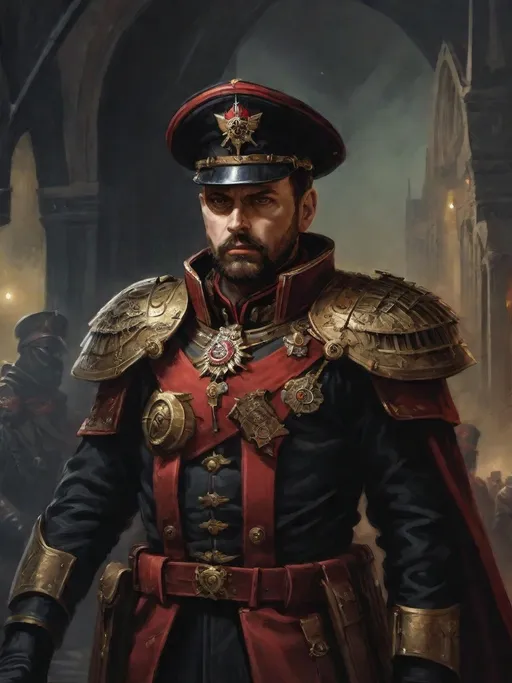 Prompt: (Full-body) oil painting portrait of human male ((Warhammer 40k commissar)) shouting and giving orders to a {40k imperial guard regiment} in background, short thick (brown hair), thick full (brown beard), (((Warhammer 40k))), wh40k, fierce expression, Stoic epic standing pose, (piercing brown eyes), professional illustration, painted, art, painterly, {40k imperial guard commissar}, ((heavy flak armor)) {chest piece} breastplate, ornate red and black trench-coat decorated with military medals, ornate military epaulets with ({gold tassels}), ornate (({40k commissar hat})), highly detailed eyes, (highly detailed facial features), (dark tones), highly detailed dark war zone background, impressionist brushwork, dark battlefield background, outside, exterior, astra militarum imperial guard, active war zone background, (wh40k imperial guard) regiment in background, grimdark, gothic fantasy, ornate officer's shoulder cape, highly detailed hands, worry lines, wizened, (40k {imperial guardsmen} {astra militarum} in background), 
