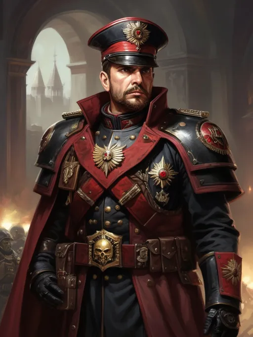 Prompt: (Full-body) oil painting portrait of human male ((Warhammer 40k commissar)) shouting and gesturing giving orders to a {40k imperial guard regiment} in background, short thick (brown hair), thick full (brown beard), (((Warhammer 40k))), wh40k, fierce expression, Stoic epic standing pose, (piercing brown eyes), professional illustration, painted, art, painterly, {40k imperial guard commissar}, ((({heavy flak armor} conquistador chest piece breastplate))), ornate red and black trench-coat decorated with military medals, ornate military epaulets with ({gold tassels}), ornate (({40k commissar hat})), highly detailed eyes, (highly detailed facial features), (dark tones), highly detailed dark war zone background, impressionist brushwork, dark battlefield background, outside, exterior, astra militarum imperial guard, active war zone background, (wh40k imperial guard) regiment in background, grimdark, gothic fantasy, ornate officer's shoulder cape, highly detailed hands, worry lines, wizened, (40k {imperial guardsmen} {astra militarum} in background), 
