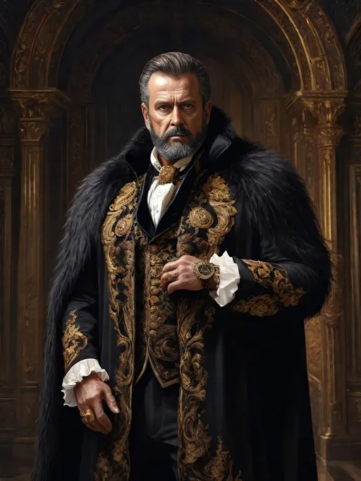 Prompt: (full-body) oil painting of male human Warhammer 40k noble in ornate well-appointed royal palace, dark moody atmospheric lighting, dark gothic fantasy architecture, , highly detailed background, dark gritty tones, highly detailed, professional illustration, painted, art, painterly, impressionist brushwork, thick brown styled hair, full brown styled beard, ((piercing brown eyes)), dark rich wood, ornate columns, intricate marble flooring, high detailed background, professional, warhammer 40k imperium of man, wh40k, imperial palace, imperium of man aquila decoration, ornate posh royal noble clothes, (ruffled white dress shirt), intricate embroidered black-and-gold cravat necktie, fancy ((black fur mantle) with animal head), ornate noble's black (great-cloak), fancy ornate jeweled rings, fancy gold coat-of-arms (brooch), intricately embroidered (red waistcoat), ornate fancy noble's (trench-coat), (Valeriy Vegera art style), ((highly detailed facial features)), royal epic stately standing pose, ornate fancy gold jeweled rings on fingers, 