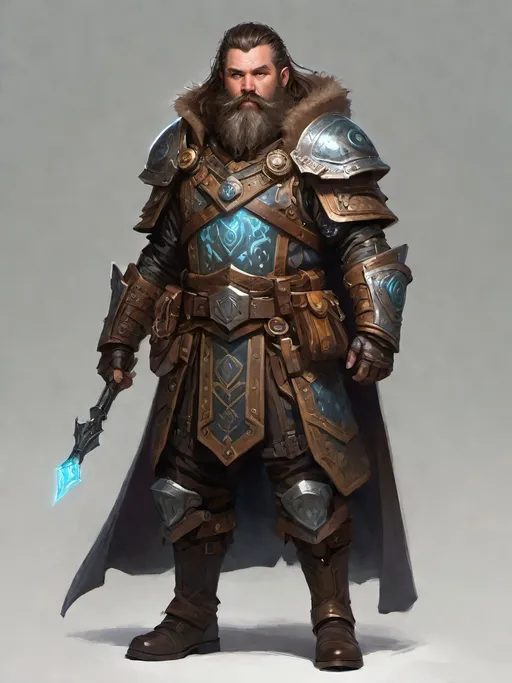 Prompt: electronic painting character portrait of high-fantasy ((male dwarf artificer)) wearing ((dark armored heavy weatherproof greatcloak great-cloak)) over a ((glowing enchanted dwarven runes)) ((metal breastplate)), wearing many utility pouches, wearing magic-punk goggles, wearing heavy gauntlets, standing in a highly-detailed magitek artificer's workshop, in a rich color palette and dark gritty tones, brown hair and beard, fantasy magic-punk magitech magitek aetherpunk, professional illustration, painted painterly art, impressionist brushwork, ((dark metal alloyed carbon-steel armor)), enchanted magical gear and gizmos, holding a magical pistol in right hand, 