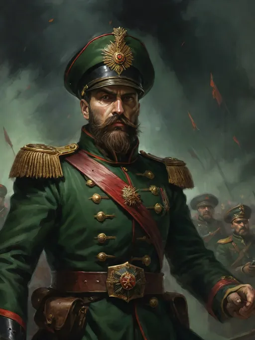 Prompt: Full-body oil painting portrait of wizened human male Warhammer 40k ((Imperial Guard)) commander leading a charge of Imperial Guard firing line in background, ((main subject wearing steel breastplate chest-piece style)) under (dark green commander's greatcoat), main subject wearing ornate wh40k commander's duty uniform hat, brown short crew cut and brown styled full beard with handlebar mustache, fierce angry expression, ((highly detailed facial features)), ((highly detailed piercing brown eyes)), (Valeriy Vegera art style), painted, painterly, ((professional illustration)), dark gritty tones, dark atmospheric lighting, (wh40k imperial guard) firing line in background war zone wearing (wh40k imperial guard flak helmets) and (flak body armor), impressionist brushwork, (Warhammer 40k Astra Militarum), Imperial guard, 