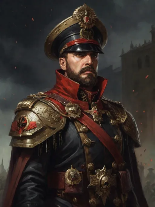 Prompt: (Full-body) oil painting portrait of human male ((Warhammer 40k commissar)) shouting and giving orders to a {40k imperial guard regiment} in background, short thick (brown hair), thick full (brown beard), (((Warhammer 40k))), wh40k, fierce expression, Stoic epic standing pose, (piercing brown eyes), professional illustration, painted, art, painterly, {40k imperial guard commissar}, ((heavy flak armor)) {chest piece} breastplate, ornate red and black trench-coat decorated with military medals, ornate military epaulets with ({gold tassels}), ornate (({40k commissar hat})), highly detailed eyes, (highly detailed facial features), (dark tones), highly detailed dark war zone background, impressionist brushwork, dark battlefield background, outside, exterior, astra militarum imperial guard, active war zone background, (wh40k imperial guard) regiment in background, grimdark, gothic fantasy, ornate officer's shoulder cape, highly detailed hands, worry lines, wizened, (40k {imperial guardsmen} {astra militarum} in background), 
