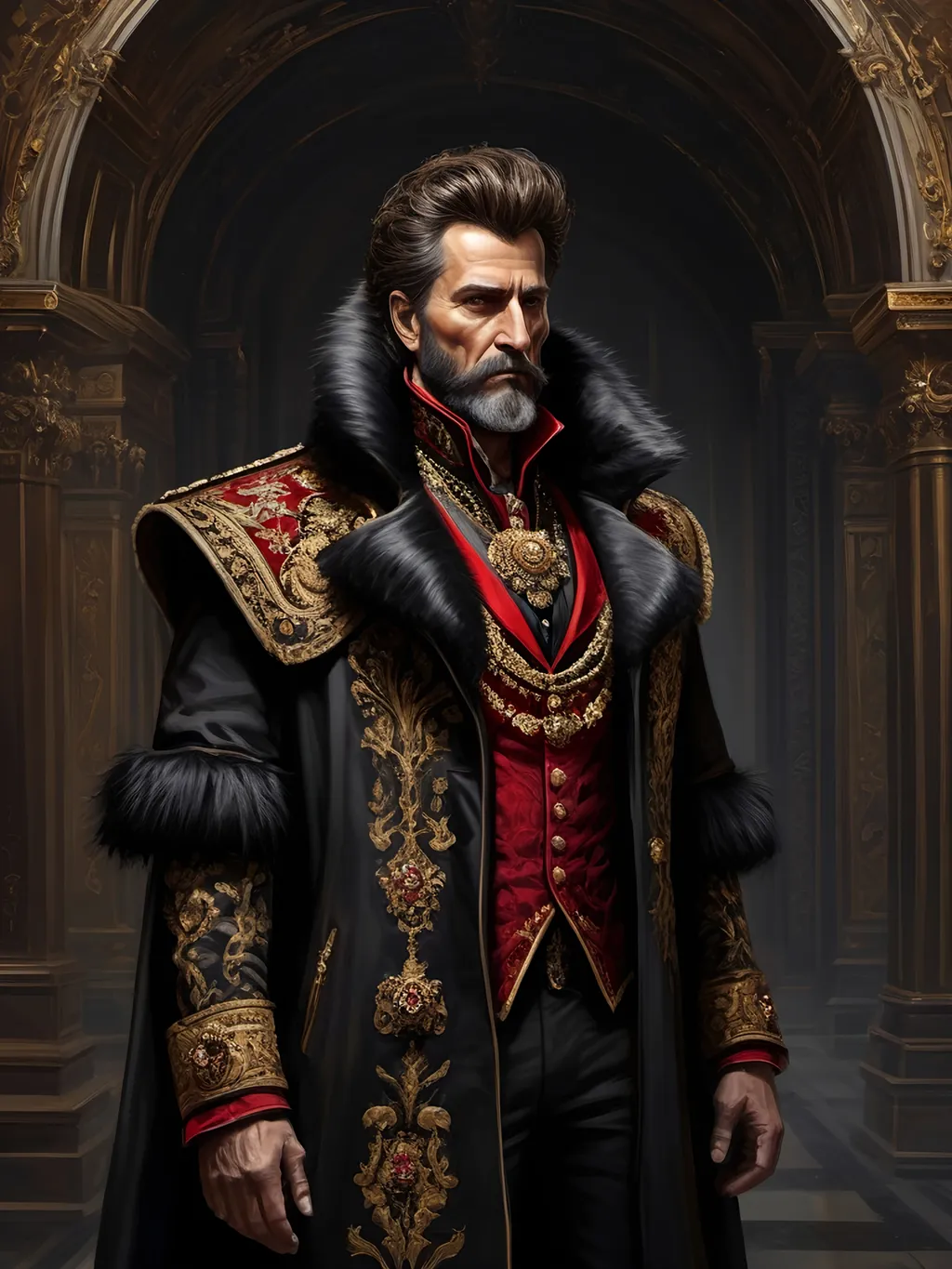 Prompt: (full-body) oil painting of male human Warhammer 40k noble in ornate well-appointed royal palace, dark moody atmospheric lighting, dark gothic fantasy architecture, , highly detailed background, dark gritty tones, highly detailed, professional illustration, painted, art, painterly, impressionist brushwork, thick brown styled hair, full brown styled beard, ((piercing brown eyes)), dark rich wood, ornate columns, intricate marble flooring, high detailed background, professional, warhammer 40k imperium of man, wh40k, imperial palace, imperium of man aquila decoration, ornate posh royal noble clothes, (ruffled white dress shirt), intricate embroidered black-and-gold cravat necktie, fancy ((black fur mantle) with animal head), ornate noble's black (great-cloak), fancy ornate jeweled rings, fancy gold coat-of-arms (brooch), intricately embroidered (red waistcoat), ornate fancy noble's (trench-coat), (Valeriy Vegera art style), ((highly detailed facial features)), royal epic stately standing pose, ornate fancy gold jeweled rings on fingers, 