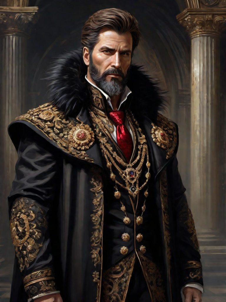 Prompt: (full-body) oil painting of male human Warhammer 40k noble in ornate well-appointed royal palace, dark moody atmospheric lighting, dark gothic fantasy architecture, , highly detailed background, dark gritty tones, highly detailed, professional illustration, painted, art, painterly, impressionist brushwork, thick brown styled hair, full brown styled beard, ((piercing brown eyes)), dark rich wood, ornate columns, intricate marble flooring, high detailed background, professional, warhammer 40k imperium of man, wh40k, imperial palace, imperium of man aquila decoration, ornate posh royal noble clothes, (ruffled white dress shirt), intricate embroidered black-and-gold cravat necktie, fancy ((black fur mantle) with animal head), ornate noble's black (great-cloak), fancy ornate jeweled rings, fancy gold coat-of-arms (brooch), intricately embroidered (red waistcoat), ornate fancy noble's (trench-coat), (Valeriy Vegera art style), ((highly detailed facial features)), royal epic stately standing pose, ornate fancy gold jeweled rings on fingers, 