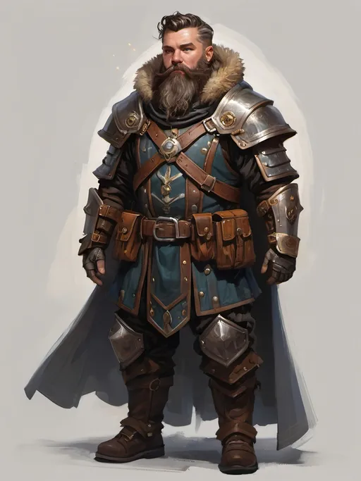 Prompt: electronic painting character portrait of high-fantasy ((male dwarf artificer)) wearing ((dark armored heavy weatherproof greatcloak great-cloak)) over a ((magtech carbon-steel metal breastplate)), wearing many utility pouches, wearing magic-punk goggles, wearing heavy gauntlets, standing in a highly-detailed magitek artificer's workshop, in a rich color palette and dark gritty tones, brown hair and beard, fantasy magic-punk magitech magitek aetherpunk, professional illustration, painted painterly art, impressionist brushwork, 