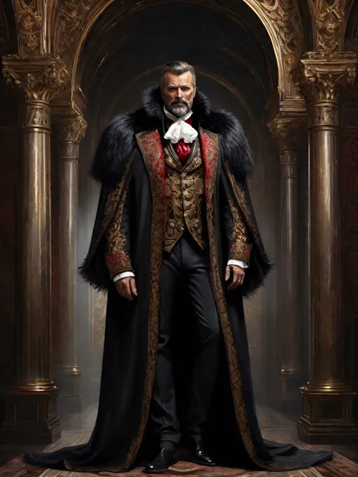 Prompt: (full-body) oil painting of male human Warhammer 40k noble in ornate well-appointed royal palace, dark moody atmospheric lighting, dark gothic fantasy architecture, , highly detailed background, dark gritty tones, highly detailed, professional illustration, painted, art, painterly, impressionist brushwork, thick brown styled hair, full brown styled beard, piercing brown eyes, dark rich wood, ornate columns, intricate marble flooring, high detailed background, professional, warhammer 40k imperium of man, wh40k, imperial palace, imperium of man aquila decoration, ornate posh royal noble clothes, (ruffled white dress shirt), intricate embroidered black-and-gold cravat necktie, fancy ((black fur mantle) with animal head), ornate noble's black (great-cloak), fancy ornate jeweled rings, fancy gold coat-of-arms (brooch), intricately embroidered (red waistcoat), ornate fancy noble's (trench-coat), (Valeriy Vegera art style), ((highly detailed facial features)), royal epic stately standing pose, 