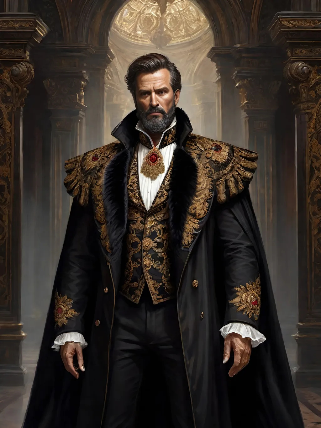 Prompt: (full-body) oil painting of male human Warhammer 40k noble in ornate well-appointed royal palace, dark moody atmospheric lighting, dark gothic fantasy architecture, , highly detailed background, dark gritty tones, highly detailed, professional illustration, painted, art, painterly, impressionist brushwork, thick brown styled hair, full brown styled beard, piercing brown eyes, dark rich wood, ornate columns, intricate marble flooring, high detailed background, professional, warhammer 40k imperium of man, wh40k, imperial palace, imperium of man aquila decoration, ornate posh royal noble clothes, (ruffled white dress shirt), intricate embroidered black-and-gold cravat necktie, fancy ((black fur mantle) with animal head), ornate noble's black (great-cloak), fancy ornate jeweled rings, fancy gold coat-of-arms (brooch), intricately embroidered (red waistcoat), ornate fancy noble's (trench-coat), (Valeriy Vegera art style), ((highly detailed facial features)), royal epic stately standing pose, ornate fancy gold jeweled rings on fingers, 