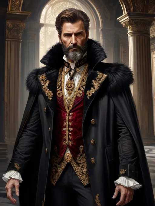 Prompt: (full-body) oil painting of male human Warhammer 40k noble in ornate well-appointed royal palace, dark moody atmospheric lighting, dark gothic fantasy architecture, , highly detailed background, dark gritty tones, highly detailed, professional illustration, painted, art, painterly, impressionist brushwork, thick brown styled hair, full brown styled beard, piercing brown eyes, dark rich wood, ornate columns, intricate marble flooring, high detailed background, professional, warhammer 40k imperium of man, wh40k, imperial palace, imperium of man aquila decoration, ornate posh royal noble clothes, (ruffled white dress shirt), intricate embroidered black-and-gold cravat necktie, fancy ((black fur mantle) with animal head), ornate noble's black (great-cloak), fancy ornate jeweled rings, fancy gold coat-of-arms (brooch), intricately embroidered (red waistcoat), ornate fancy noble's (trench-coat), (Valeriy Vegera art style), ((highly detailed facial features)), royal epic stately standing pose, ornate fancy gold jeweled rings on fingers, 