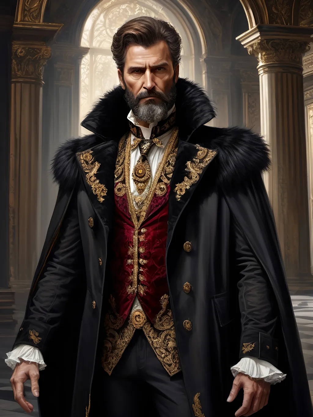 Prompt: (full-body) oil painting of male human Warhammer 40k noble in ornate well-appointed royal palace, dark moody atmospheric lighting, dark gothic fantasy architecture, , highly detailed background, dark gritty tones, highly detailed, professional illustration, painted, art, painterly, impressionist brushwork, thick brown styled hair, full brown styled beard, piercing brown eyes, dark rich wood, ornate columns, intricate marble flooring, high detailed background, professional, warhammer 40k imperium of man, wh40k, imperial palace, imperium of man aquila decoration, ornate posh royal noble clothes, (ruffled white dress shirt), intricate embroidered black-and-gold cravat necktie, fancy ((black fur mantle) with animal head), ornate noble's black (great-cloak), fancy ornate jeweled rings, fancy gold coat-of-arms (brooch), intricately embroidered (red waistcoat), ornate fancy noble's (trench-coat), (Valeriy Vegera art style), ((highly detailed facial features)), royal epic stately standing pose, ornate fancy gold jeweled rings on fingers, 